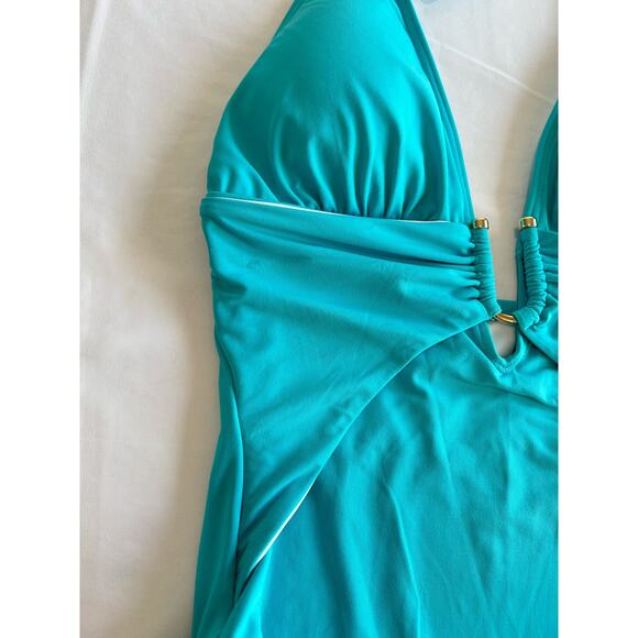 NWT Vince Camuto Swimsuit Halter Plunge Deep V One Piece Aqua Green Size 10 - Picture 8 of 11